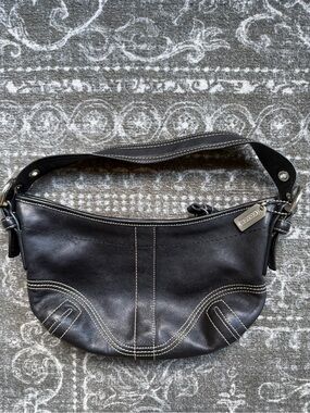 Coach Black Leather Shoulder Bag with Cream Contrast Stitching